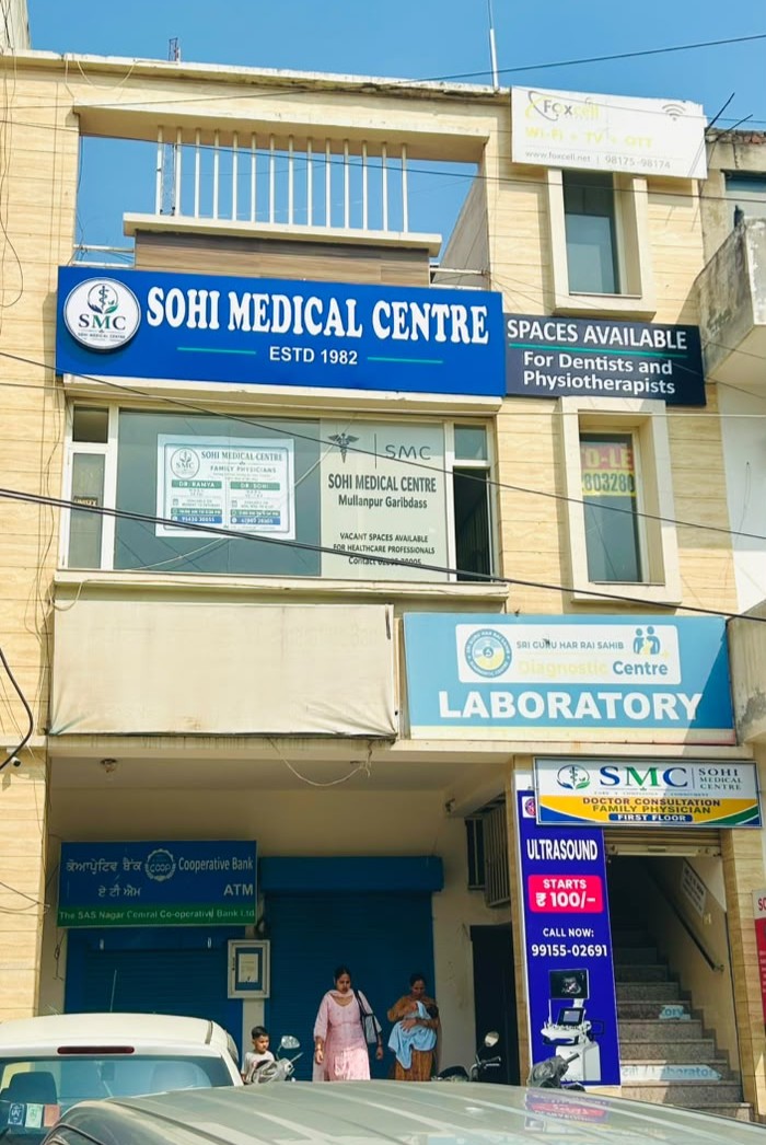 Front view of SOHI MEDICAL CENTRE on Main Road, opposite PNB Bank, Mullanpur Garibdass
